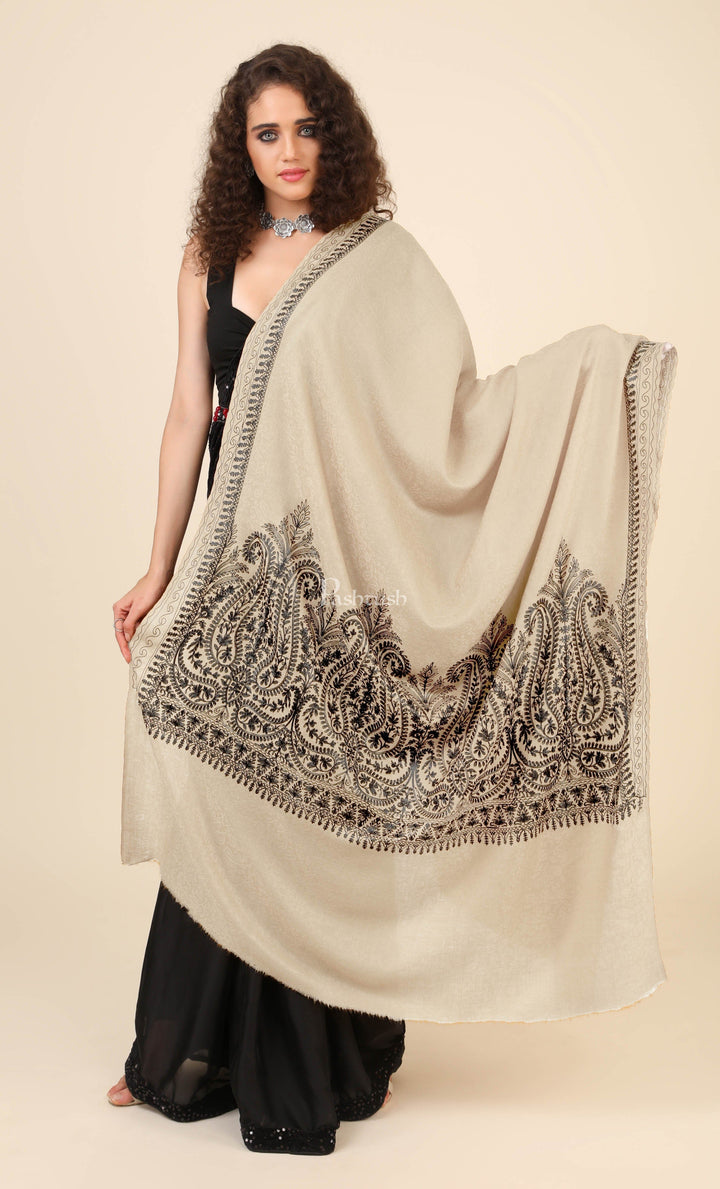 Pashtush India Womens Shawls Pashtush Womens Fine Wool Shawl, With Tone On Tone Nalki Embroidery, Soft And Warm, Beige