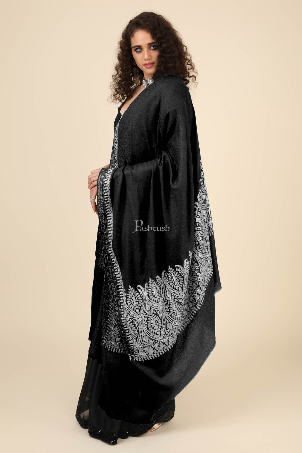 Pashtush India Womens Shawls Pashtush Womens Fine Wool Shawl, With Tone On Tone Nalki Embroidery, Soft And Warm, Black