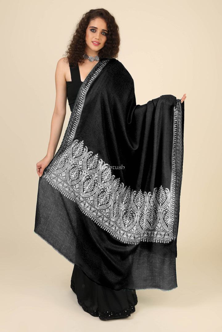 Pashtush India Womens Shawls Pashtush Womens Fine Wool Shawl, With Tone On Tone Nalki Embroidery, Soft And Warm, Black