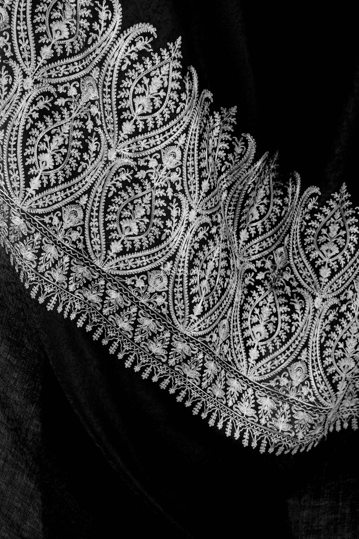 Pashtush India Womens Shawls Pashtush Womens Fine Wool Shawl, With Tone On Tone Nalki Embroidery, Soft And Warm, Black