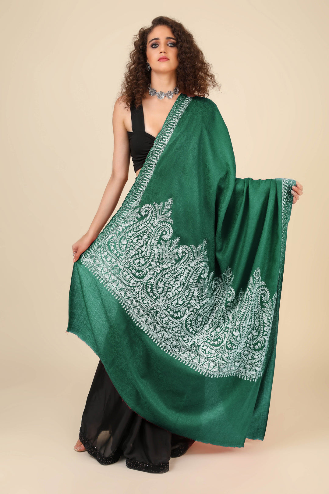 Pashtush India Womens Shawls Pashtush Womens Fine Wool Shawl, With Tone On Tone Nalki Embroidery, Soft And Warm, Bottle Green