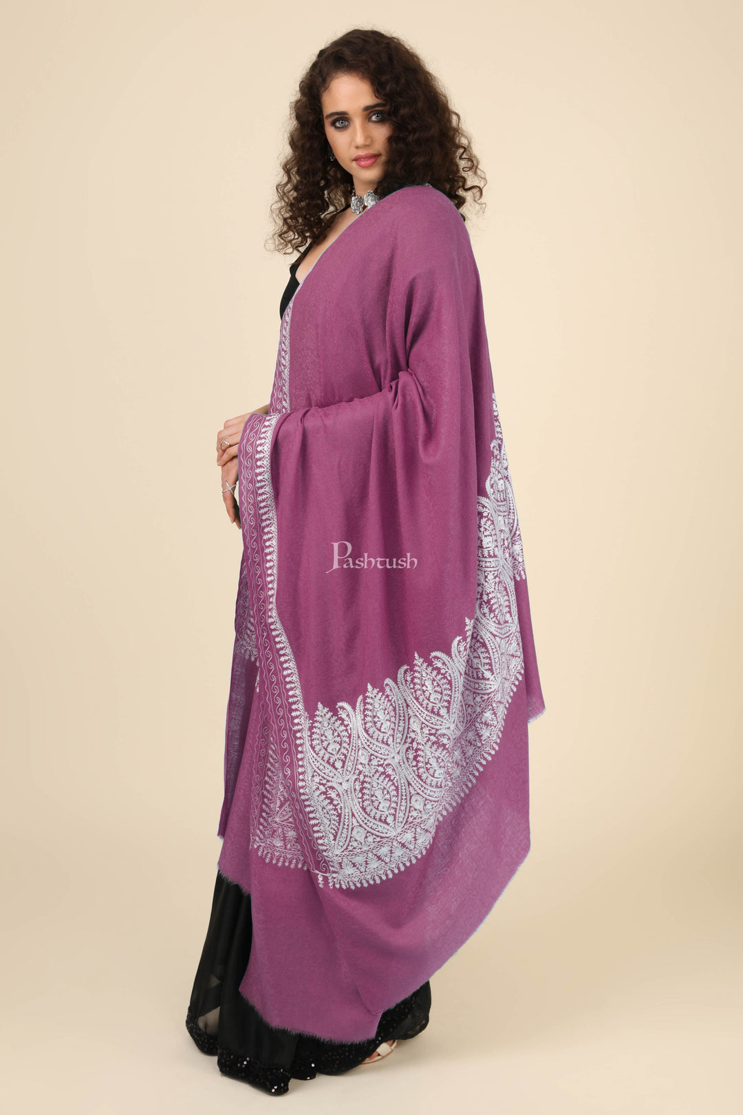 Pashtush India Womens Shawls Pashtush Womens Fine Wool Shawl, With Tone On Tone Nalki Embroidery, Soft And Warm, Majenta