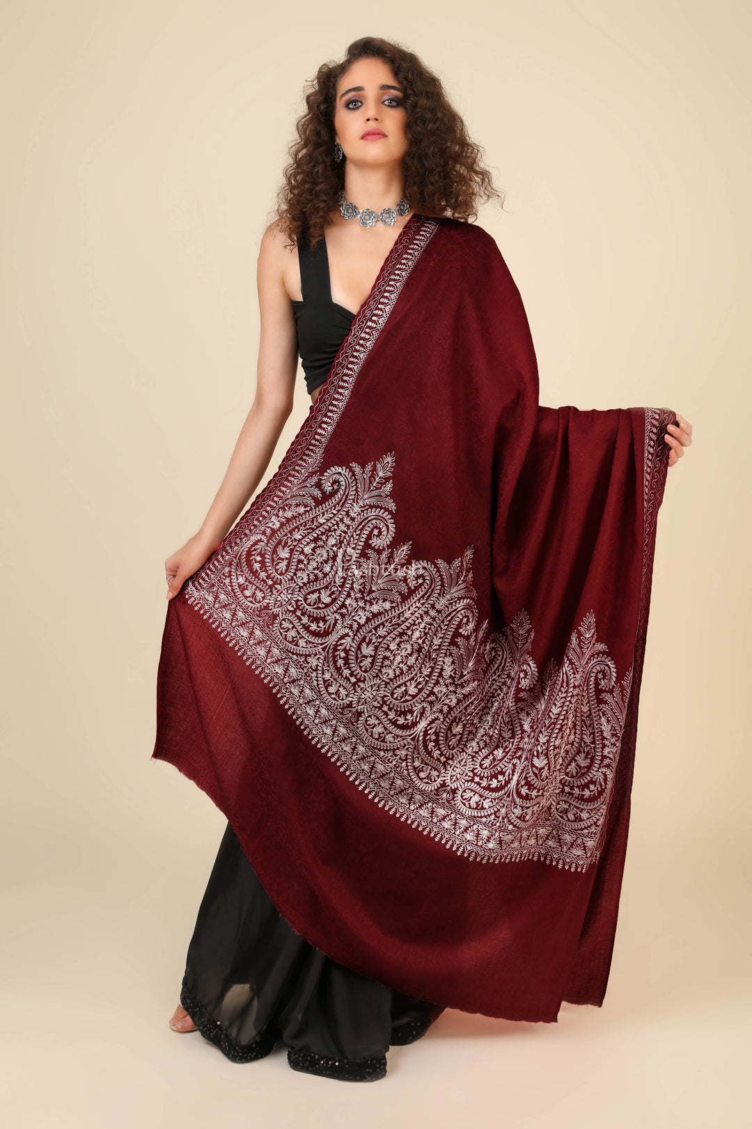 Pashtush India Womens Shawls Pashtush Womens Fine Wool Shawl, With Tone On Tone Nalki Embroidery, Soft And Warm, Maroon