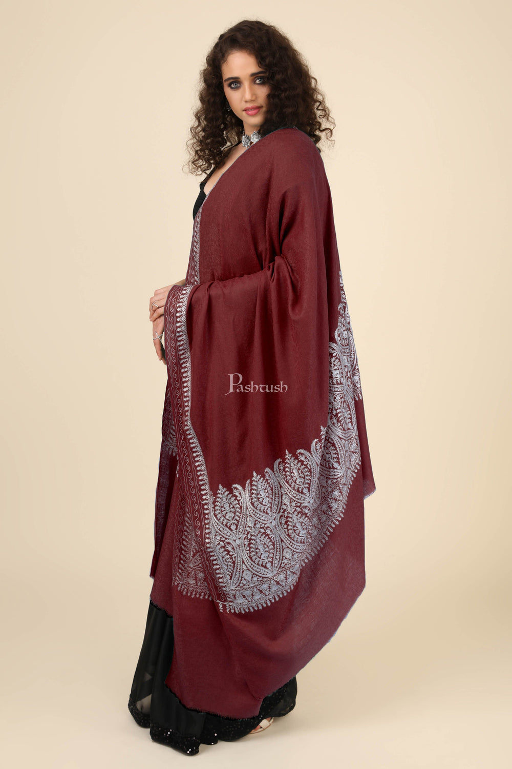 Pashtush India Womens Shawls Pashtush Womens Fine Wool Shawl, With Tone On Tone Nalki Embroidery, Soft And Warm, Maroon