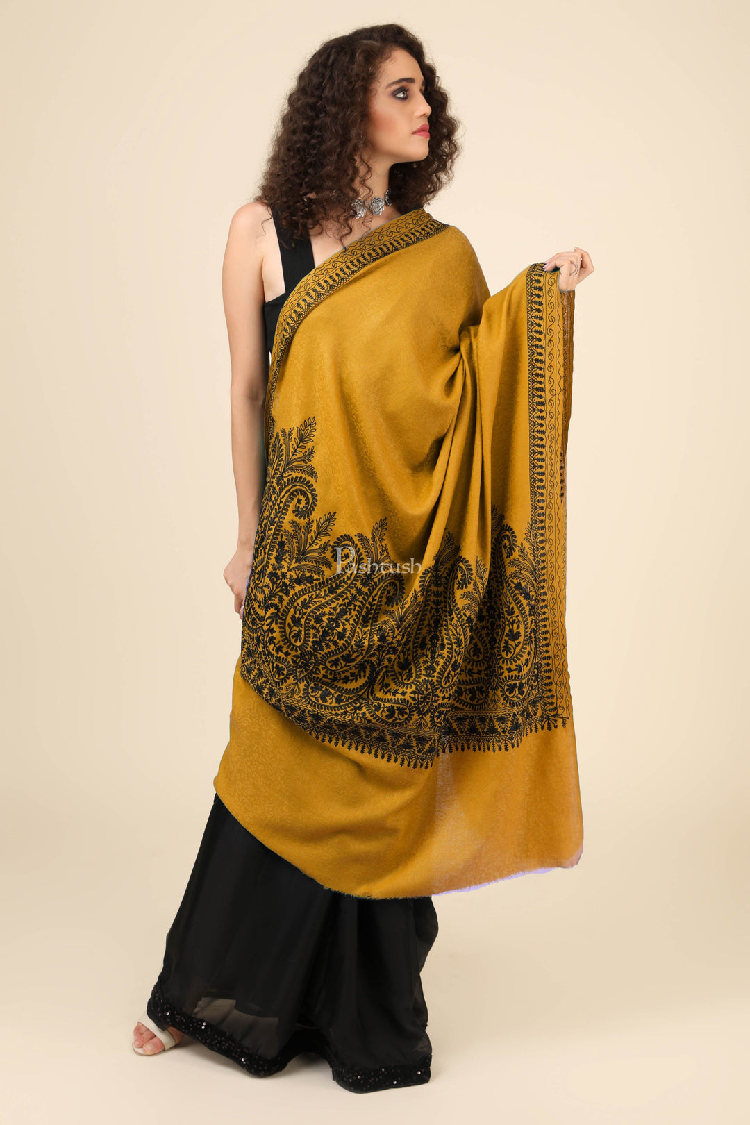 Pashtush India Womens Shawls Pashtush Womens Fine Wool Shawl, With Tone On Tone Nalki Embroidery, Soft And Warm, Mustard