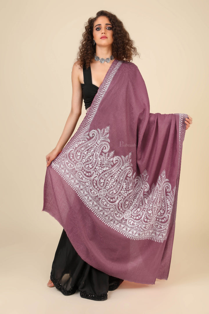 Pashtush India Womens Shawls Pashtush Womens Fine Wool Shawl, With Tone On Tone Nalki Embroidery, Soft And Warm, Peel Lilac