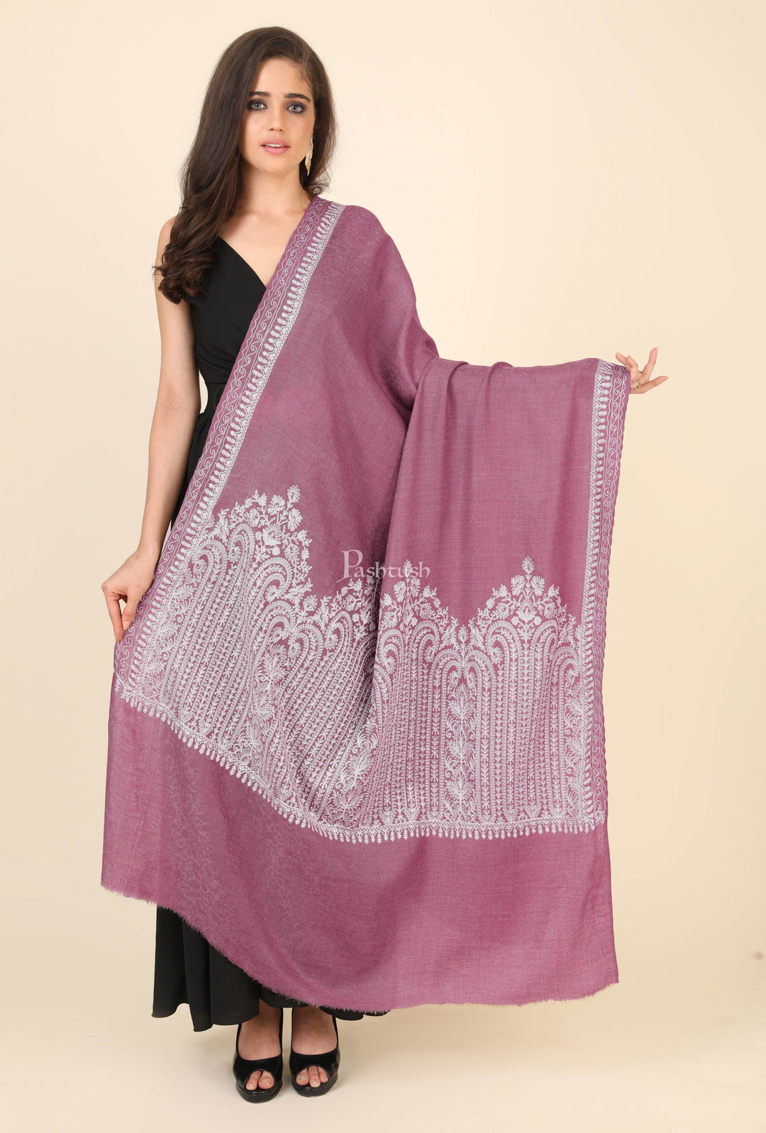 Pashtush India Womens Shawls Pashtush Womens Fine Wool Shawl, With Tone On Tone Nalki Embroidery, Soft And Warm, Peel Lilac