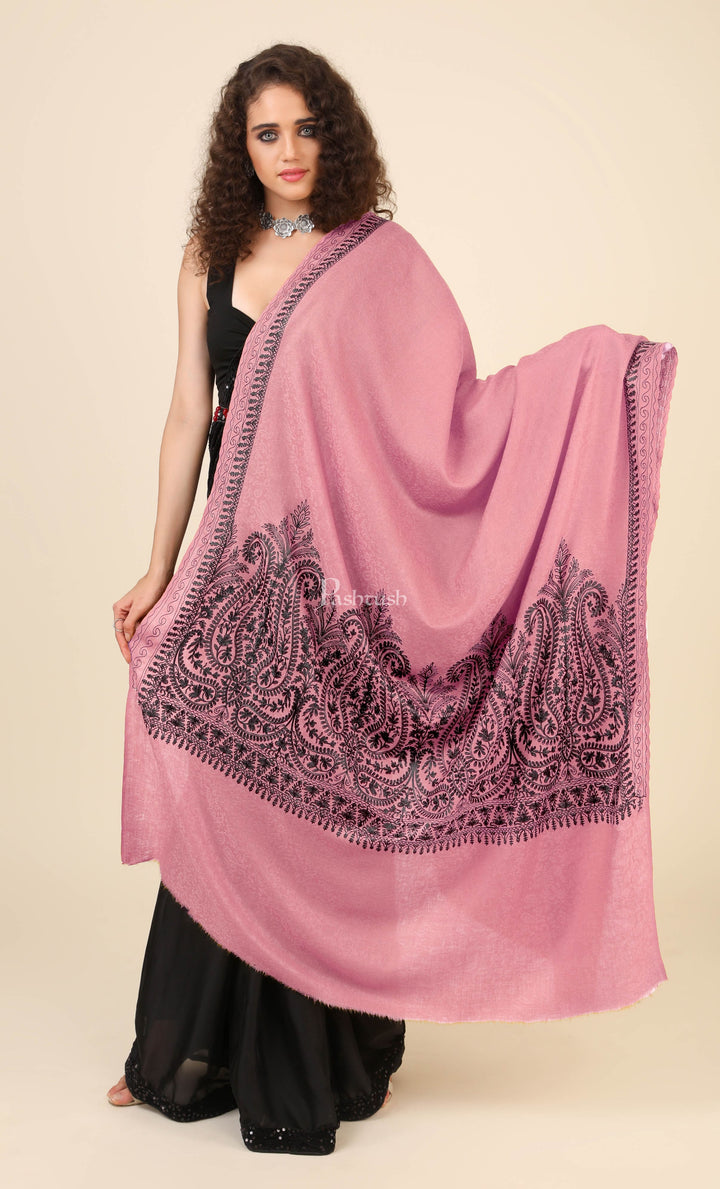 Pashtush India Womens Shawls Pashtush Womens Fine Wool Shawl, With Tone On Tone Nalki Embroidery, Soft And Warm, Pink