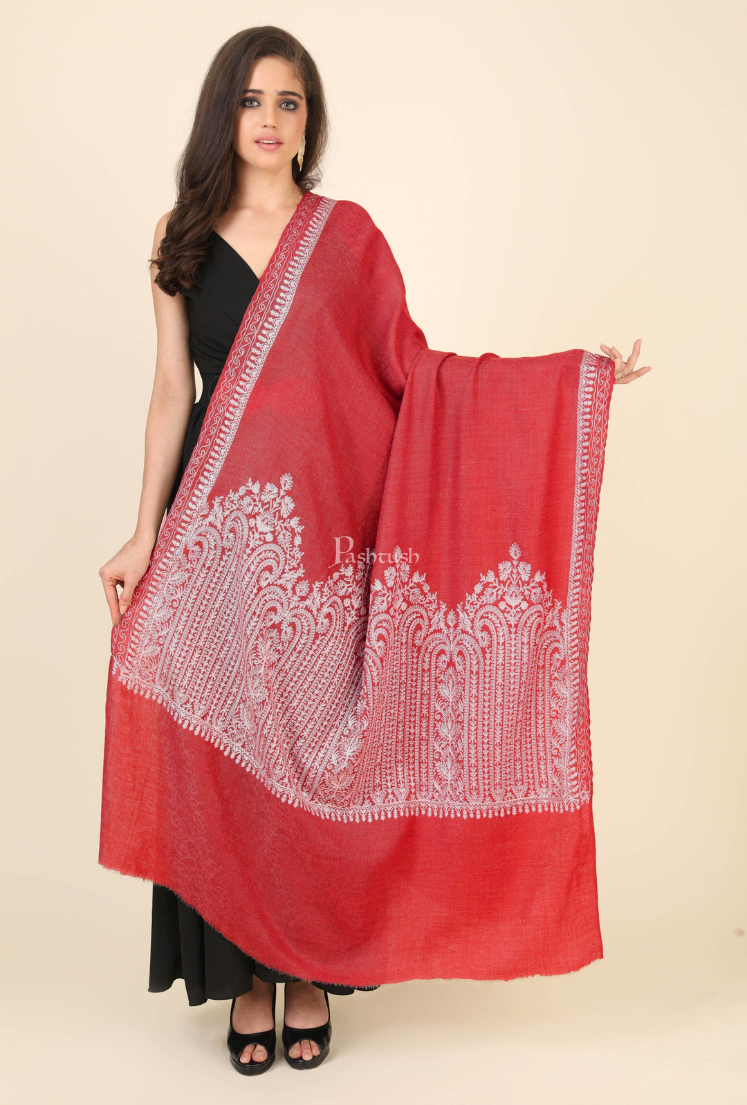 Pashtush India Womens Shawls Pashtush Womens Fine Wool Shawl, With Tone On Tone Nalki Embroidery, Soft And Warm, Red