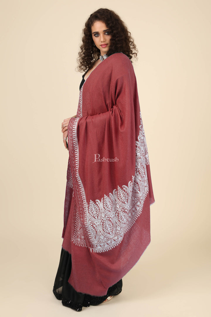 Pashtush India Womens Shawls Pashtush Womens Fine Wool Shawl, With Tone On Tone Nalki Embroidery, Soft And Warm, Rose