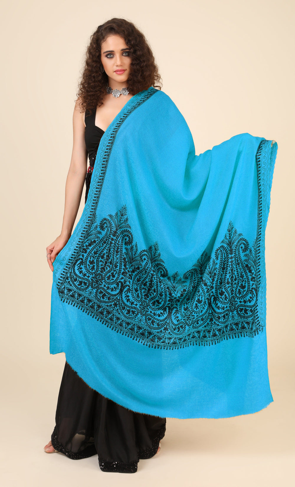 Pashtush India Womens Shawls Pashtush Womens Fine Wool Shawl, With Tone On Tone Nalki Embroidery, Soft And Warm, sky blue