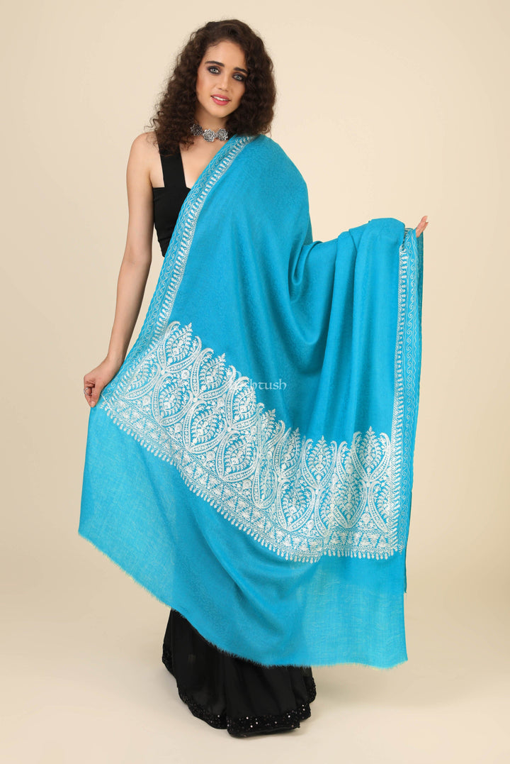 Pashtush India Womens Shawls Pashtush Womens Fine Wool Shawl, With Tone On Tone Nalki Embroidery, Soft And Warm, Sky Blue