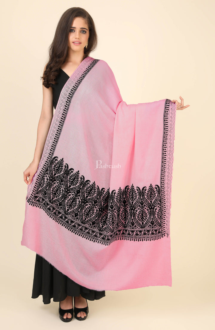 Pashtush India Womens Shawls Pashtush Womens Fine Wool Shawl, With Tone On Tone Nalki Embroidery, Soft And Warm, Soft Pink