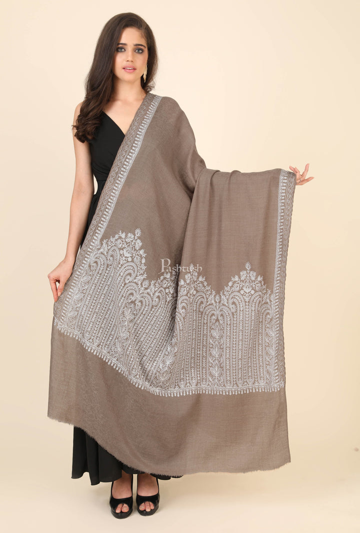 Pashtush India Womens Shawls Pashtush Womens Fine Wool Shawl, With Tone On Tone Nalki Embroidery, Soft And Warm, Taupe