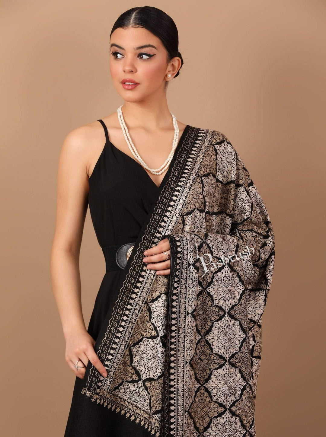 Pashtush Store Shawl Pashtush Womens Fine Wool, Silky Nalki Embroidery Needlework Shawl, Black