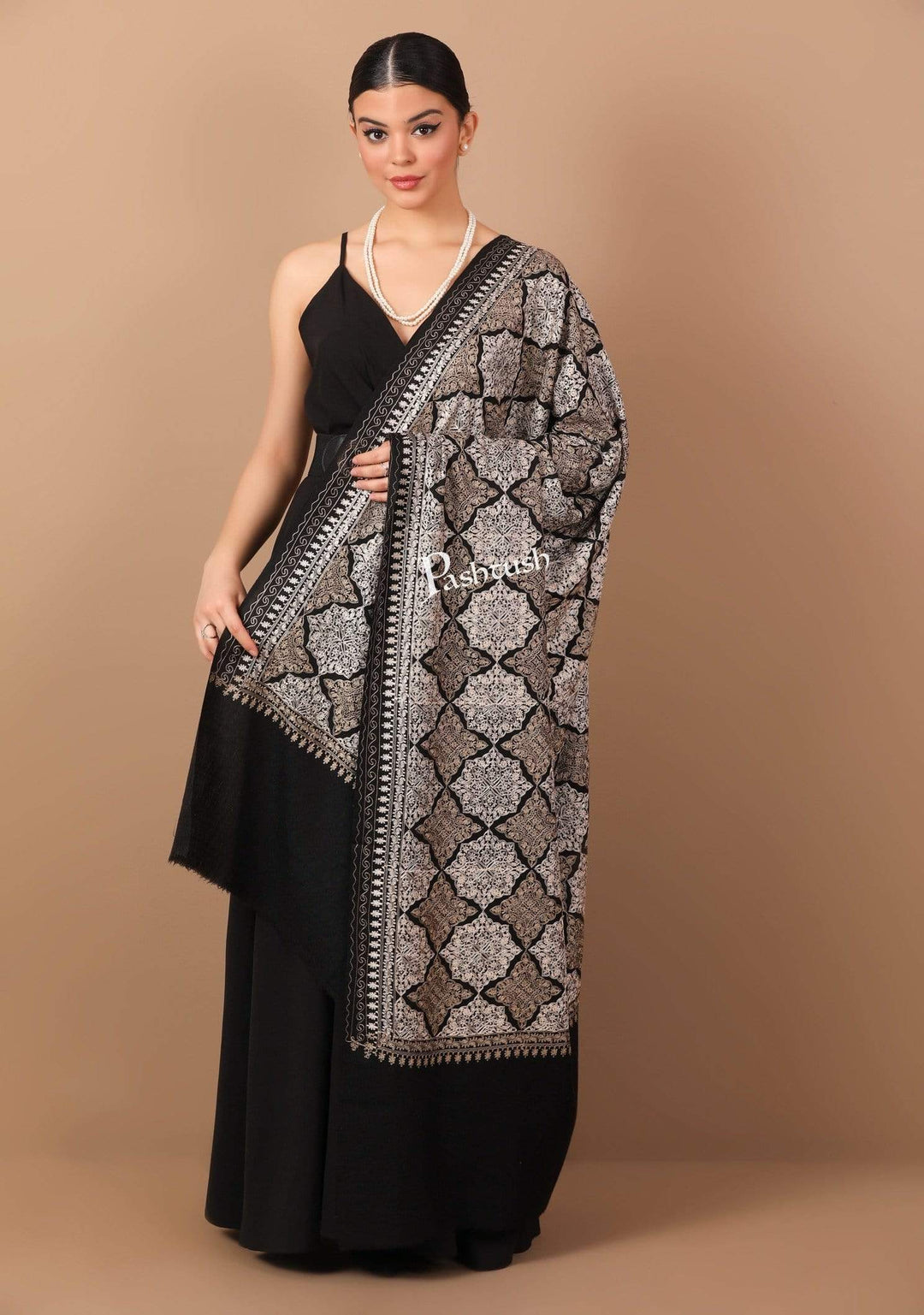 Pashtush Store Shawl Pashtush Womens Fine Wool, Silky Nalki Embroidery Needlework Shawl, Black
