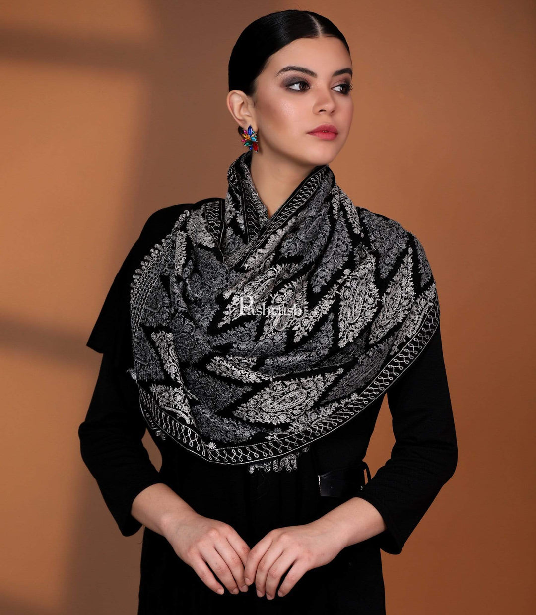 Pashtush Store Stole Pashtush Womens Fine Wool, Silky Nalki Embroidery Needlework Stole, Black