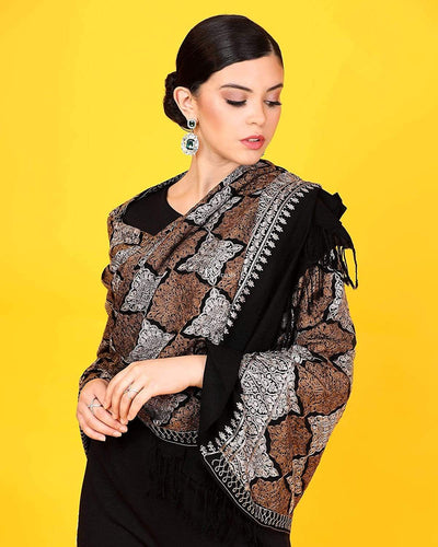 Pashtush India 70x200 Pashtush Womens Fine Wool, Silky Nalki Embroidery Needlework Stole, Black