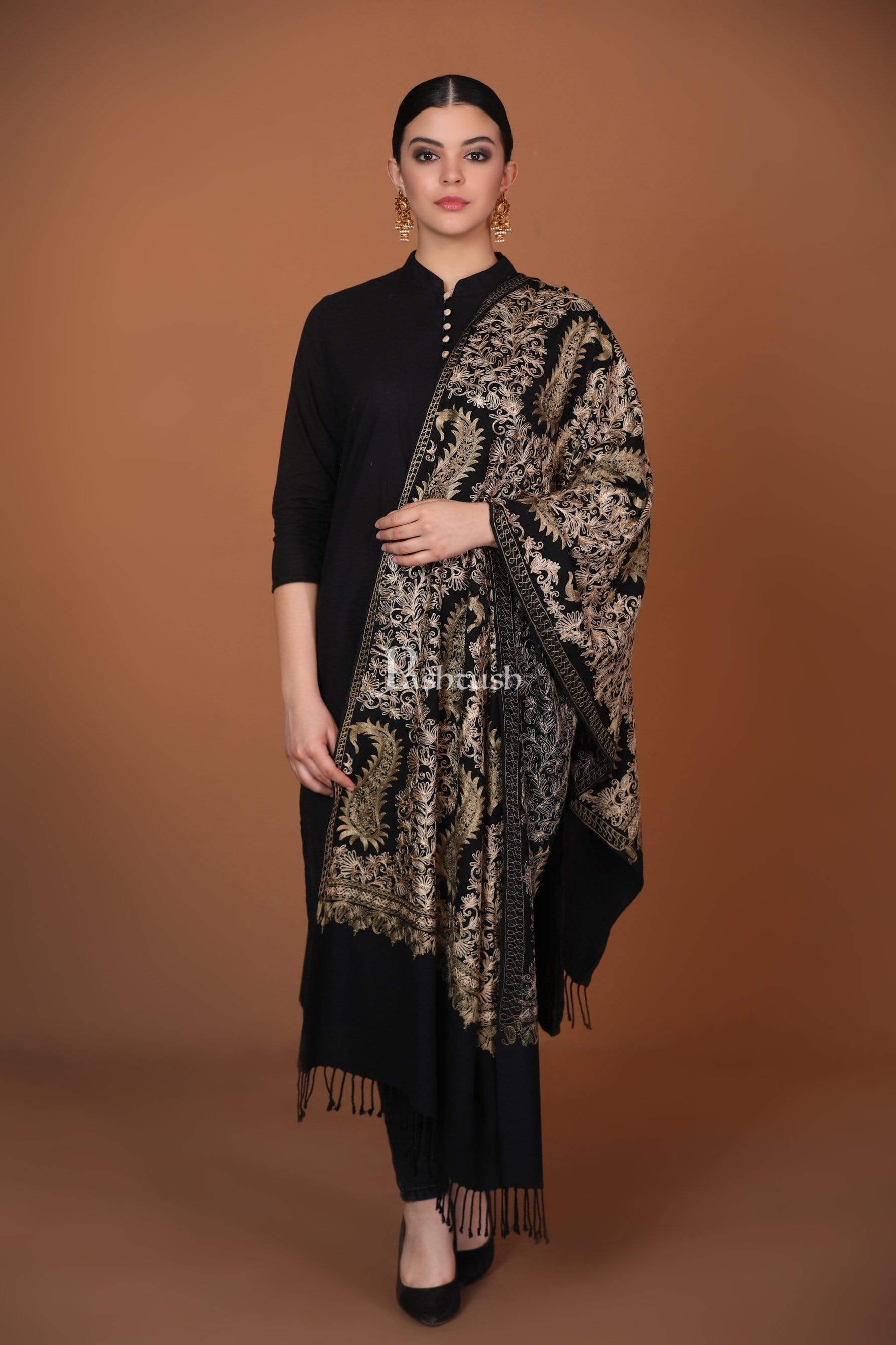 Pashtush Womens Fine Wool, Silky Nalki Embroidery Needlework Stole, Bl ...