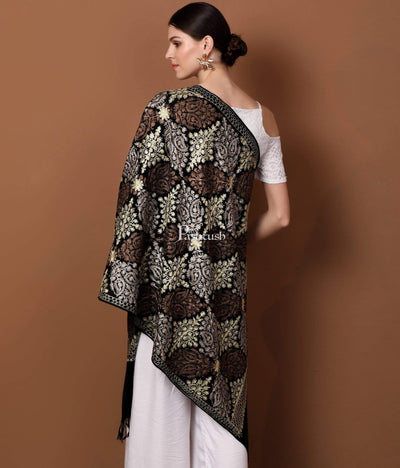 Pashtush India 70x200 Pashtush Womens Fine Wool, Silky Nalki Embroidery Needlework Stole, Black