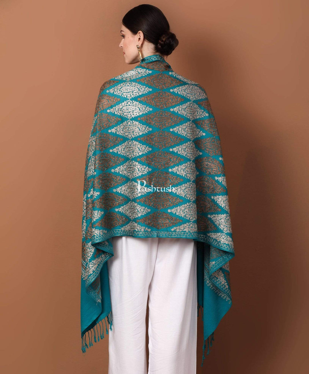 Pashtush Store Stole Pashtush Womens Fine Wool, Silky Nalki Embroidery Needlework Stole, Cobalt Blue