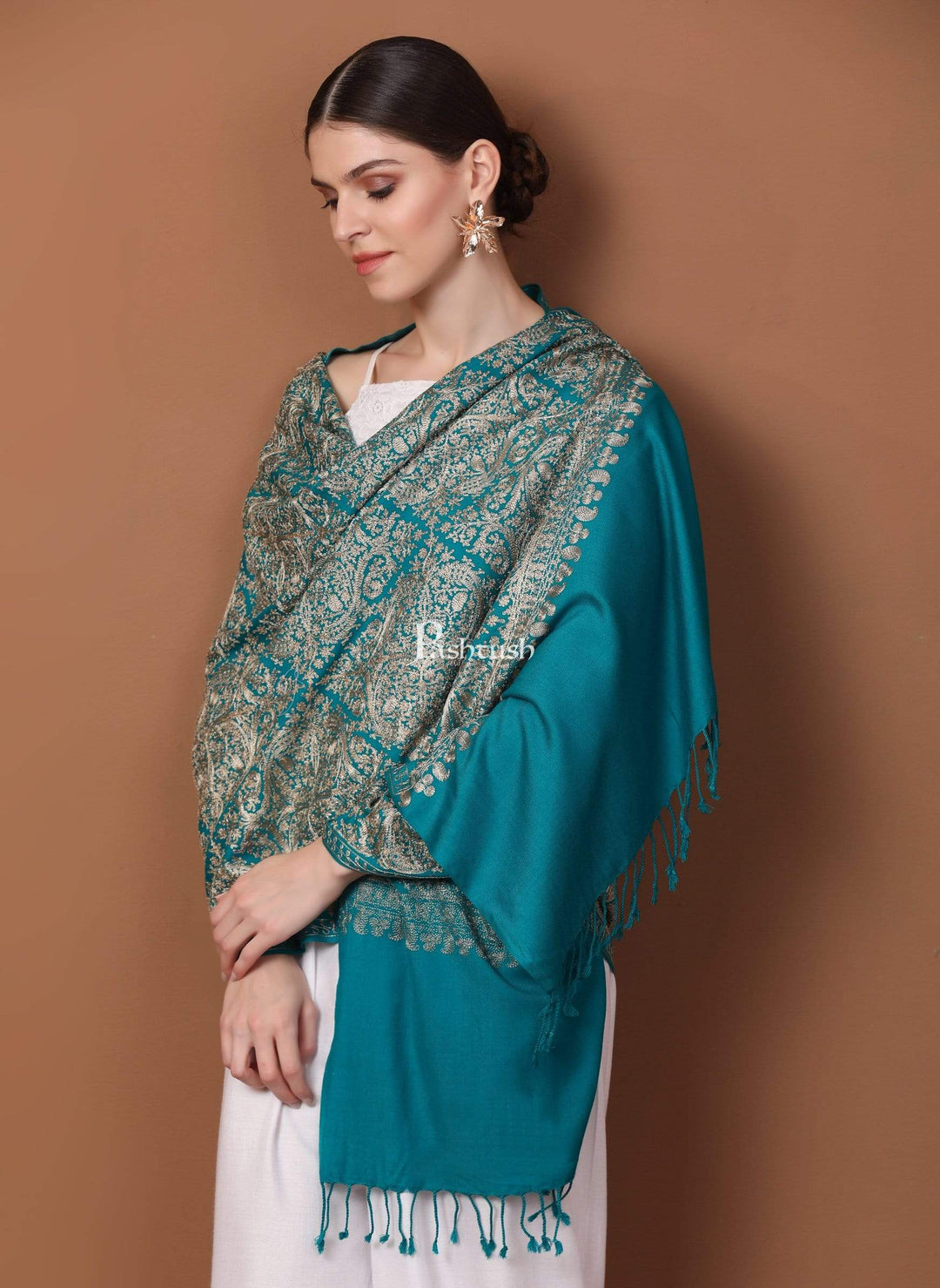 Pashtush Store Stole Pashtush Womens Fine Wool, Silky Nalki Embroidery Needlework Stole, Cobalt Blue