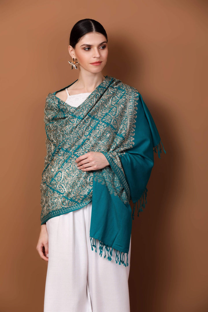 Pashtush India 70x200 Pashtush Womens Fine Wool, Silky Nalki Embroidery Needlework Stole, Cobalt Blue
