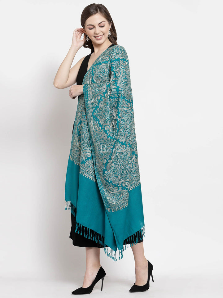 Pashtush India Womens Stoles and Scarves Scarf Pashtush Womens Fine Wool, Silky Nalki Embroidery Needlework Stole, Cobalt Blue