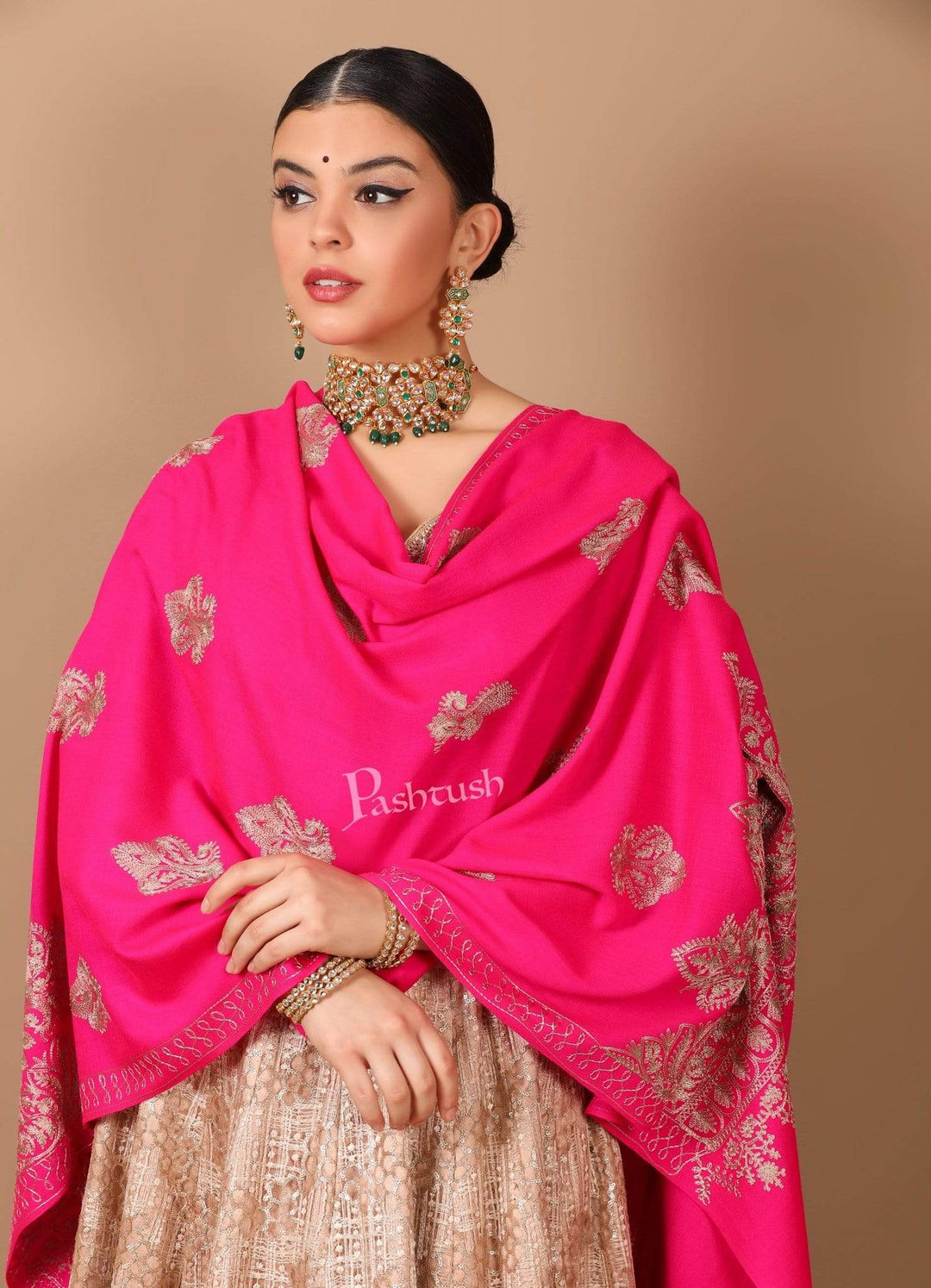 Pashtush Store Stole Pashtush Womens Fine Wool, Silky Nalki Embroidery Needlework Stole, Hot Pink