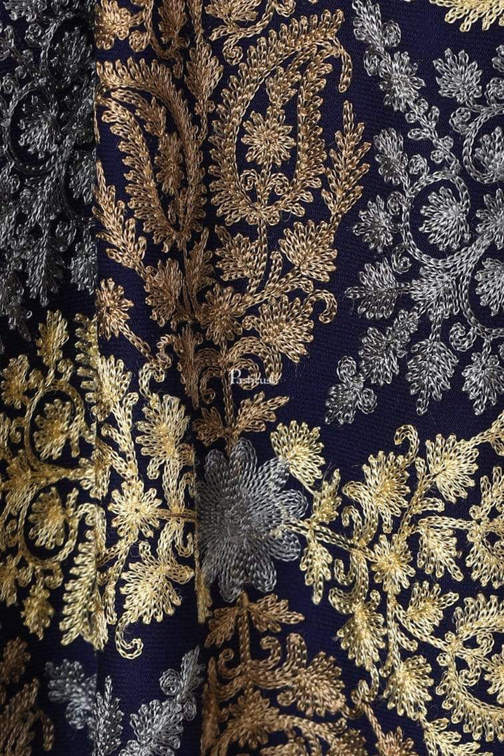 Pashtush Store Stole Pashtush Womens Fine Wool, Silky Nalki Embroidery Needlework Stole, Navy Blue
