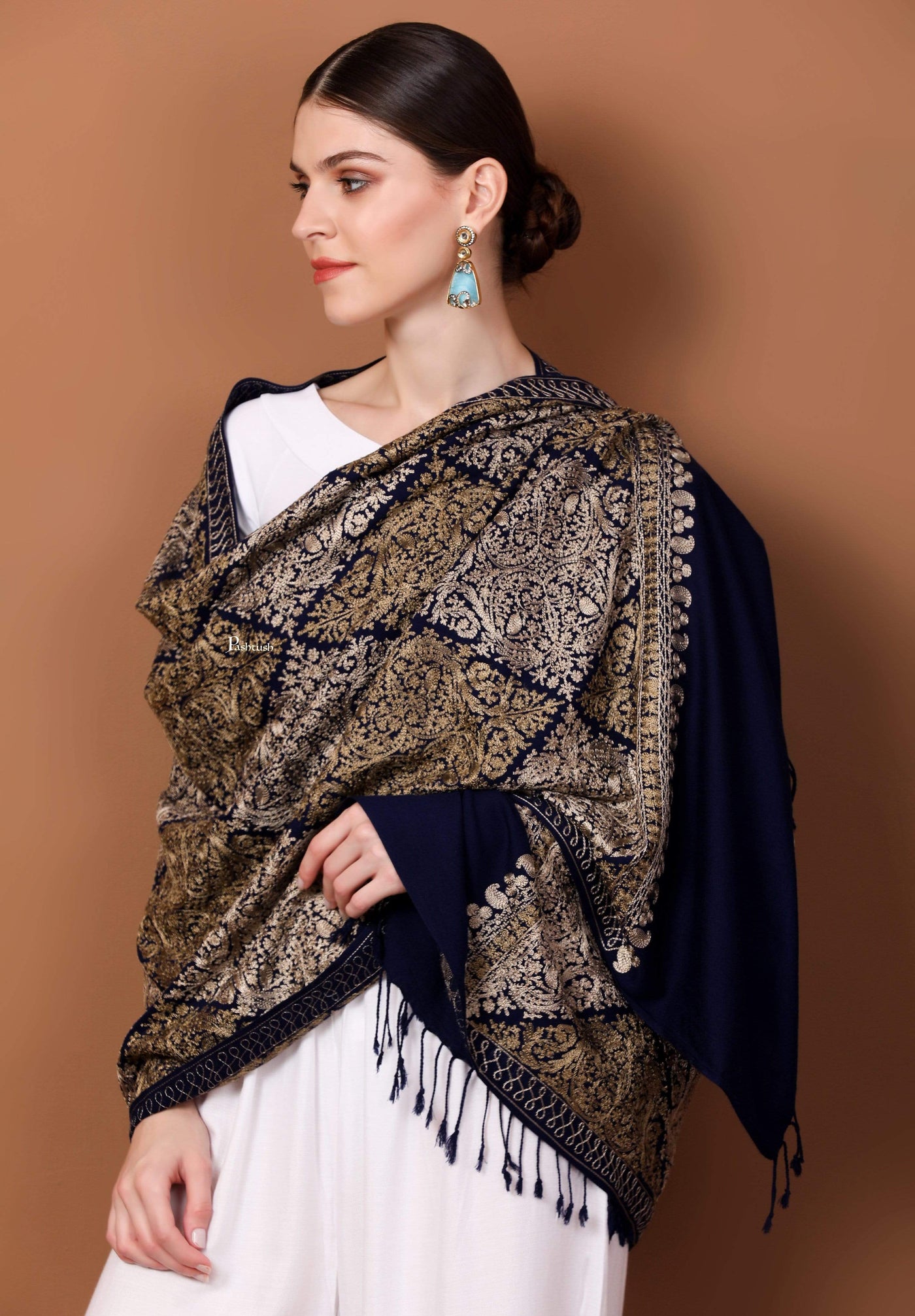 Pashtush Store Stole Pashtush Womens Fine Wool, Silky Nalki Embroidery Needlework Stole, Navy Blue