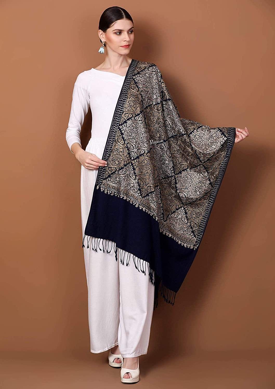 Pashtush India 70x200 Pashtush Womens Fine Wool, Silky Nalki Embroidery Needlework Stole, Navy Blue