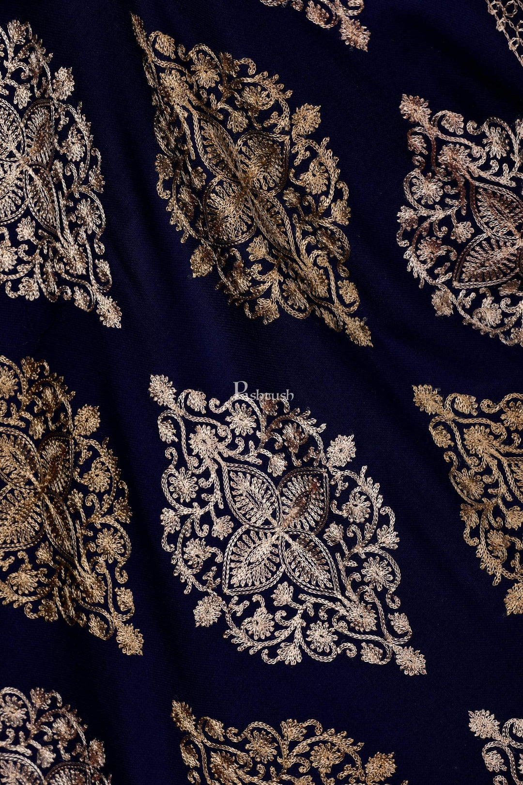 Pashtush India 70x200 Pashtush Womens Fine Wool, Silky Nalki Embroidery Needlework Stole, Navy Blue