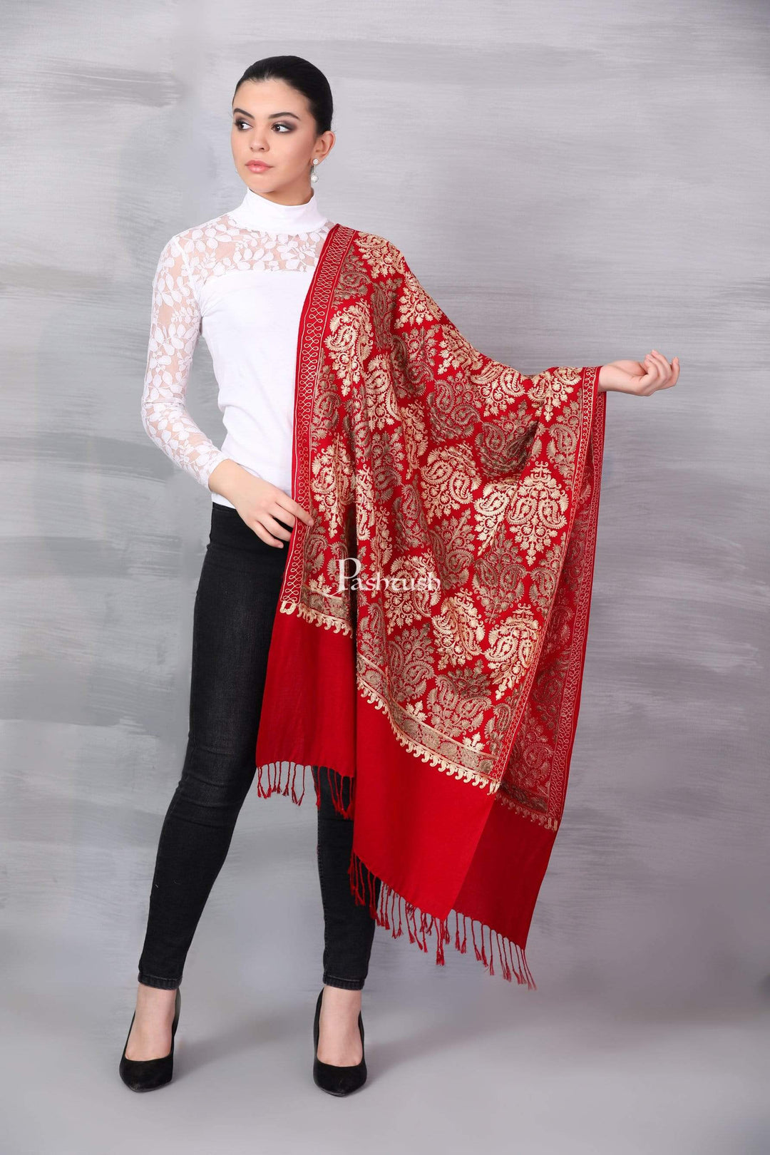 Pashtush Store Stole Pashtush Womens Fine Wool, Silky Nalki Embroidery Needlework Stole, Scarlet red