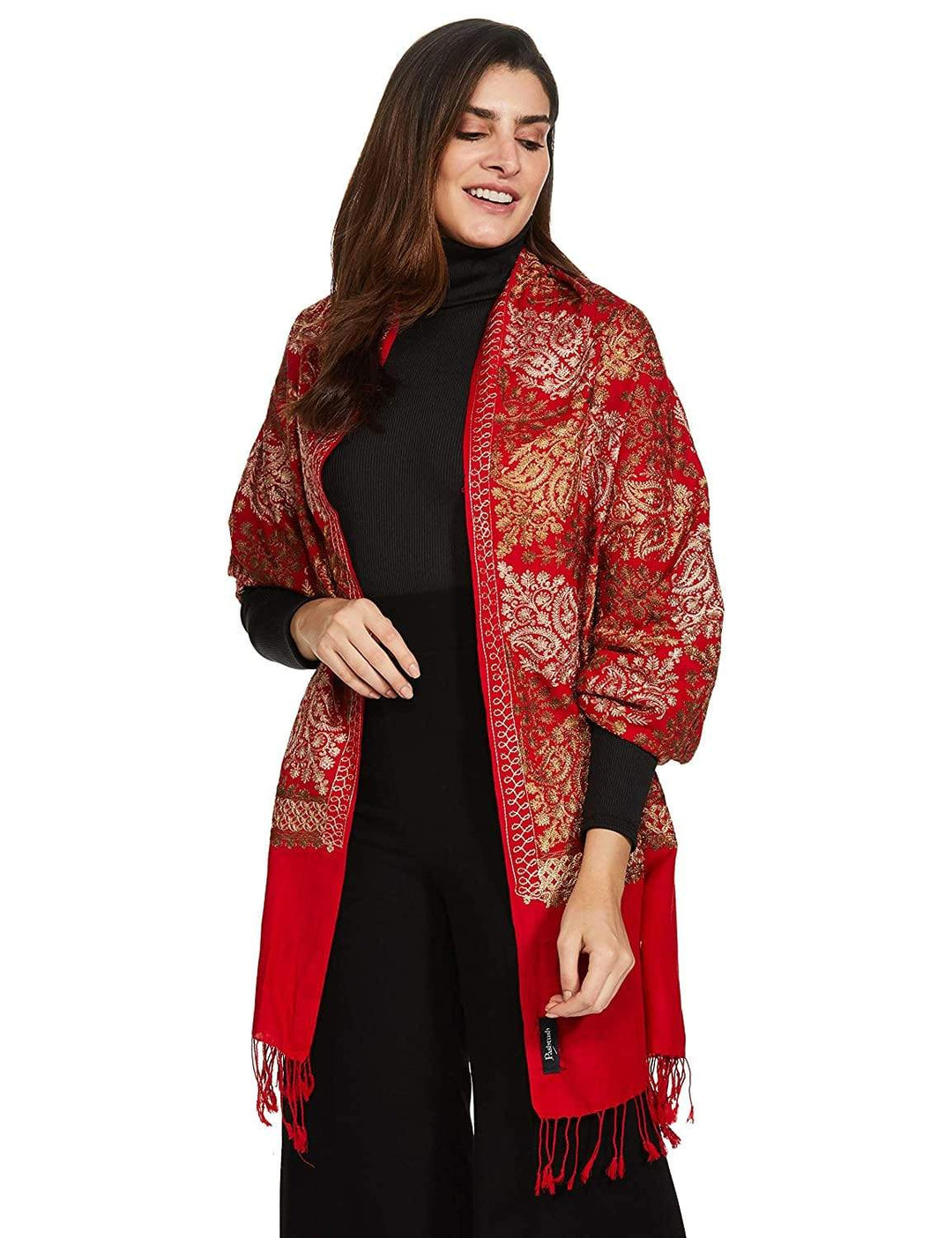 Pashtush India 70x200 Pashtush Womens Fine Wool, Silky Nalki Embroidery Needlework Stole, Scarlet red