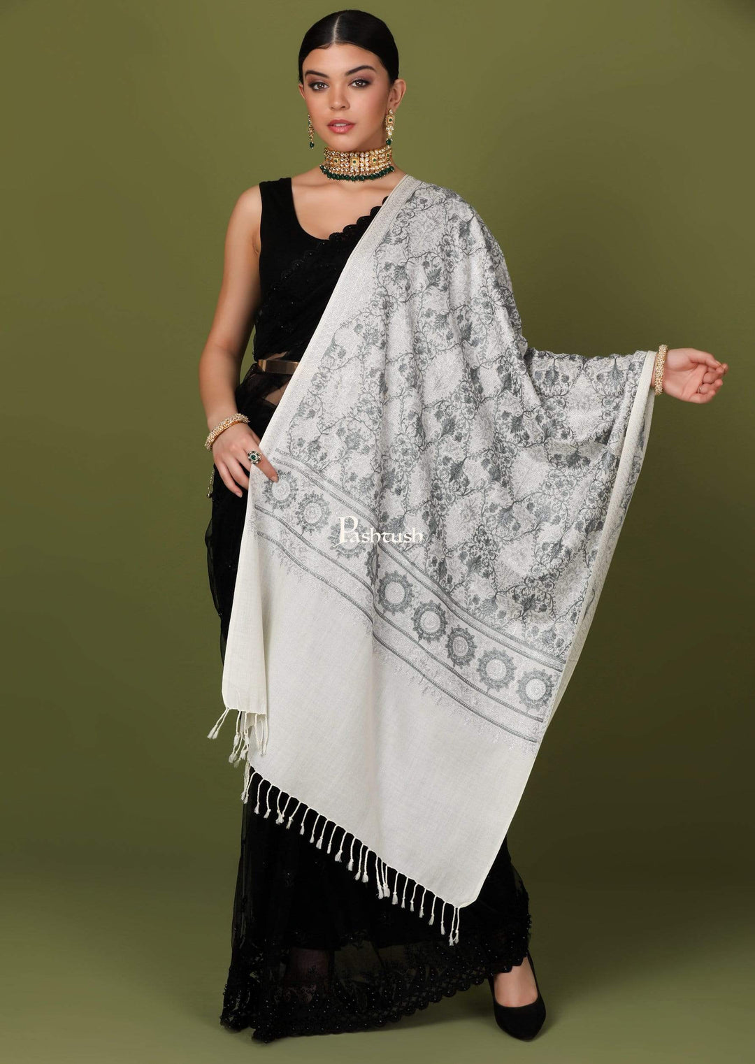 Pashtush Store Stole Pashtush Womens Fine Wool, Silky Nalki Embroidery Needlework Stole, White