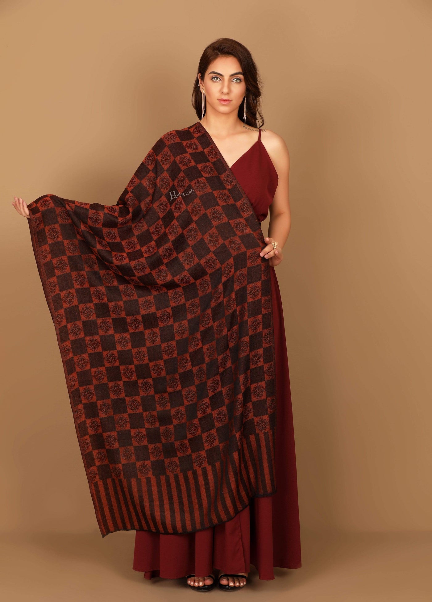 Pashtush India 70x200 Pashtush Womens Fine Wool, Soft and Warm, Checkered stole, Amber Black