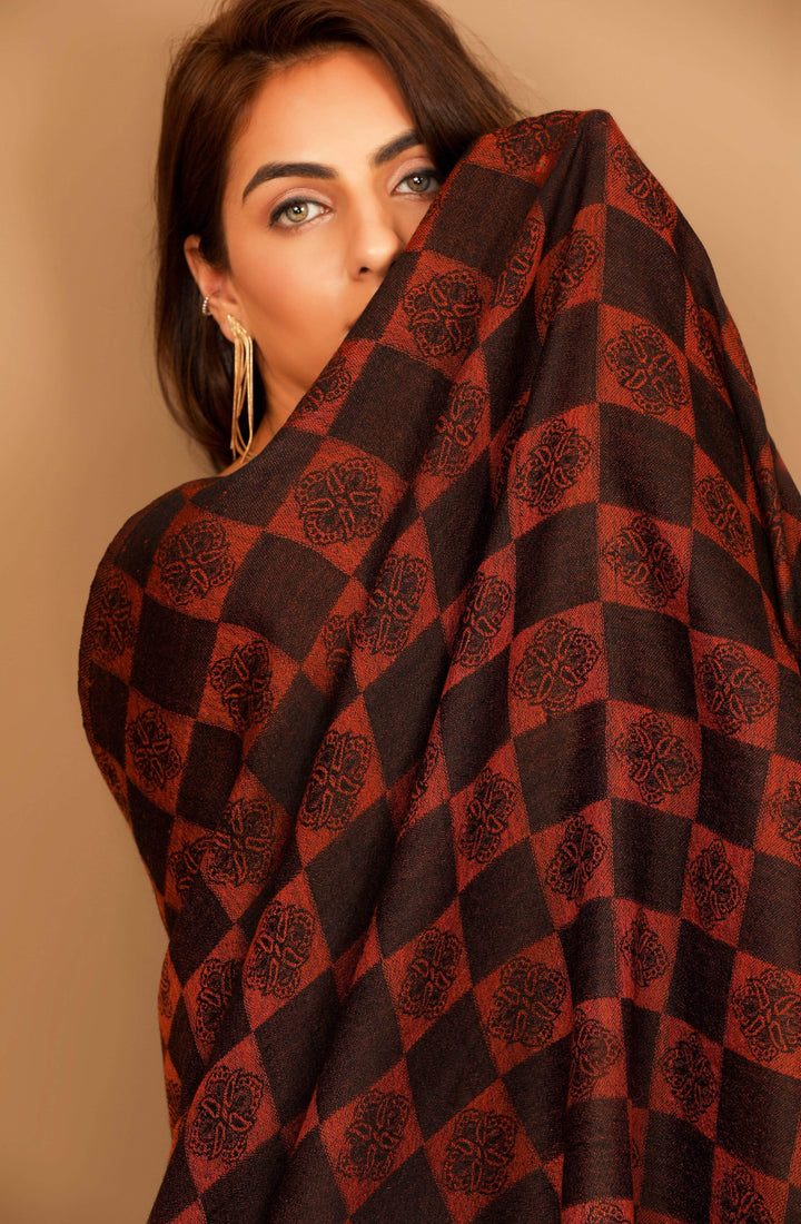 Pashtush India 70x200 Pashtush Womens Fine Wool, Soft and Warm, Checkered stole, Amber Black