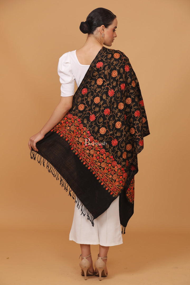 Pashtush India Womens Stoles and Scarves Scarf Pashtush womens Fine Wool stole, aari embroidery jaal design, Black