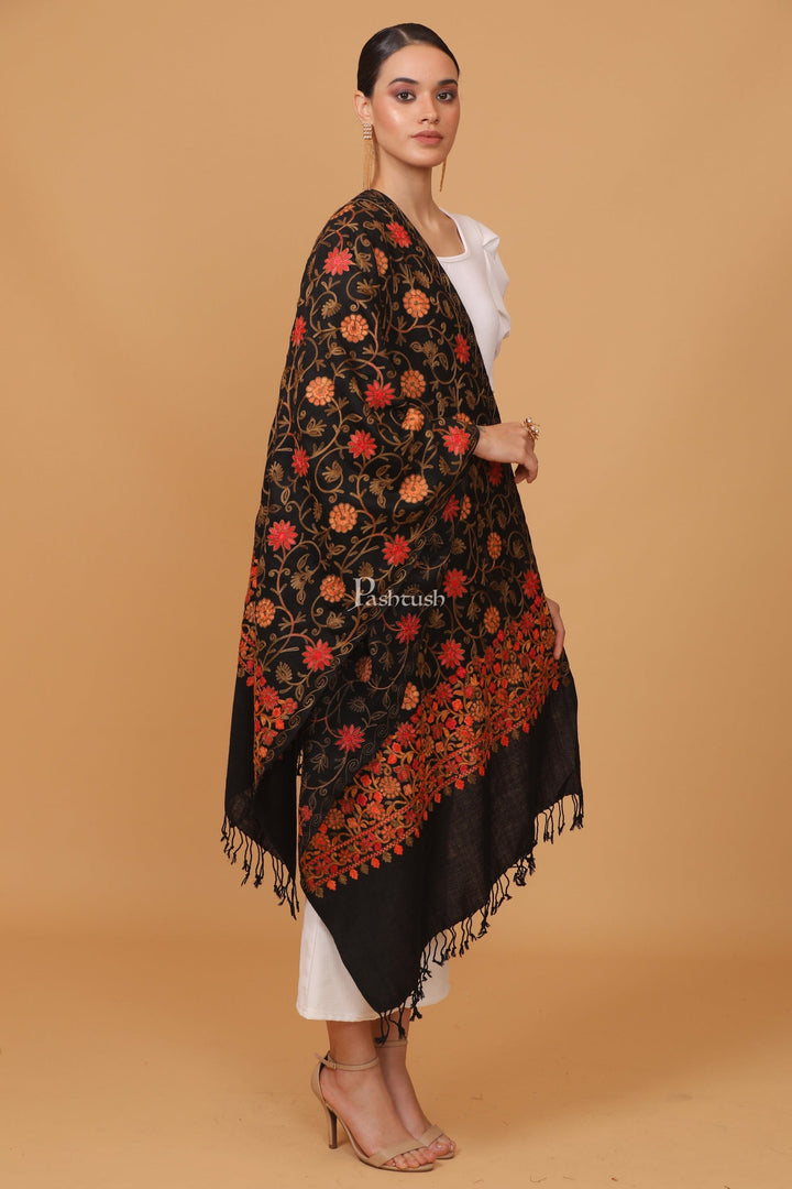 Pashtush India Womens Stoles and Scarves Scarf Pashtush womens Fine Wool stole, aari embroidery jaal design, Black