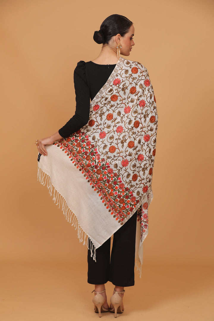 Pashtush India Womens Stoles and Scarves Scarf Pashtush womens Fine Wool stole, aari embroidery jaal design, Ivory