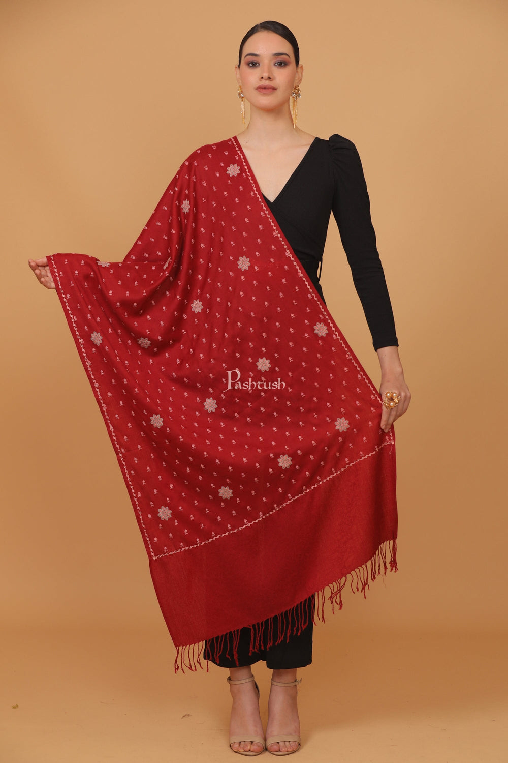 Pashtush India Womens Stoles and Scarves Scarf Pashtush womens Fine Wool stole, booti design, Maroon