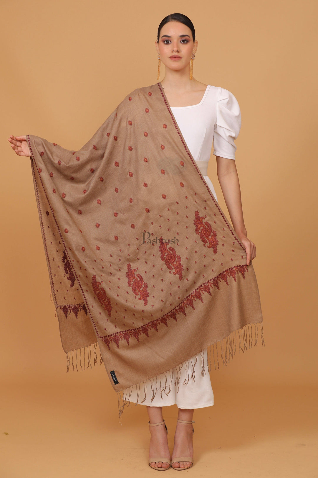 Pashtush India Womens Stoles and Scarves Scarf Pashtush womens Fine Wool stole, booti design, Taupe