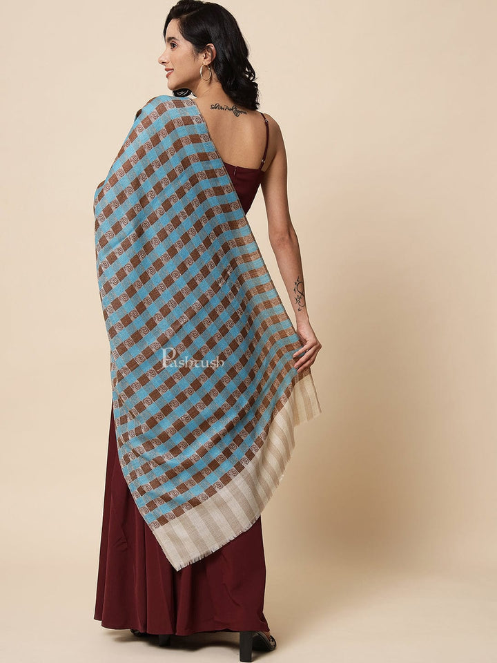 Pashtush India Womens Stoles and Scarves Scarf Pashtush womens Fine Wool Stole, Checkered design, Beige and Tuscan Blue