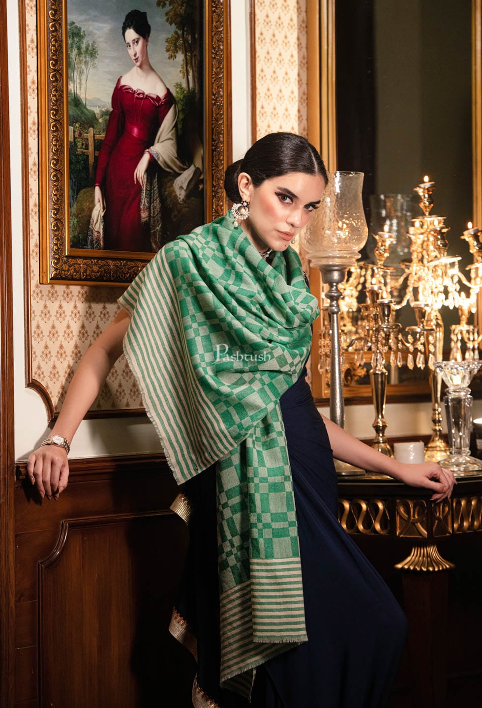 Pashtush India Womens Stoles and Scarves Scarf Pashtush womens Fine Wool Stole, Checkered design, Green