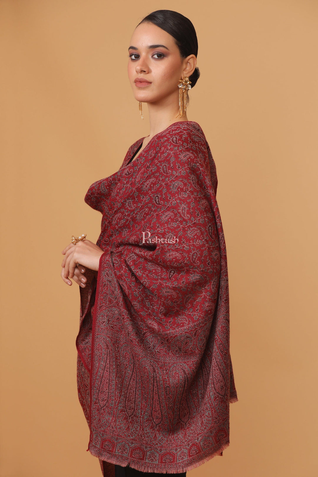 Pashtush India Womens Stoles and Scarves Scarf Pashtush womens Fine Wool stole, ethnic palla design, Maroon