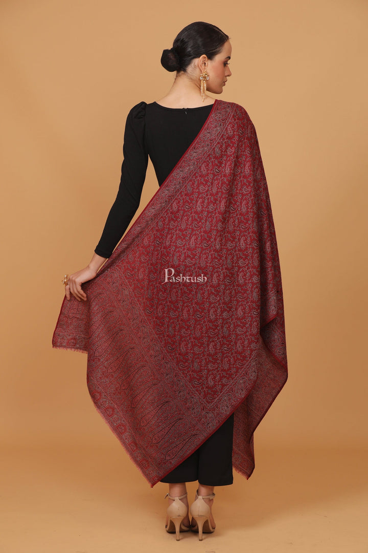 Pashtush India Womens Stoles and Scarves Scarf Pashtush womens Fine Wool stole, ethnic palla design, Maroon