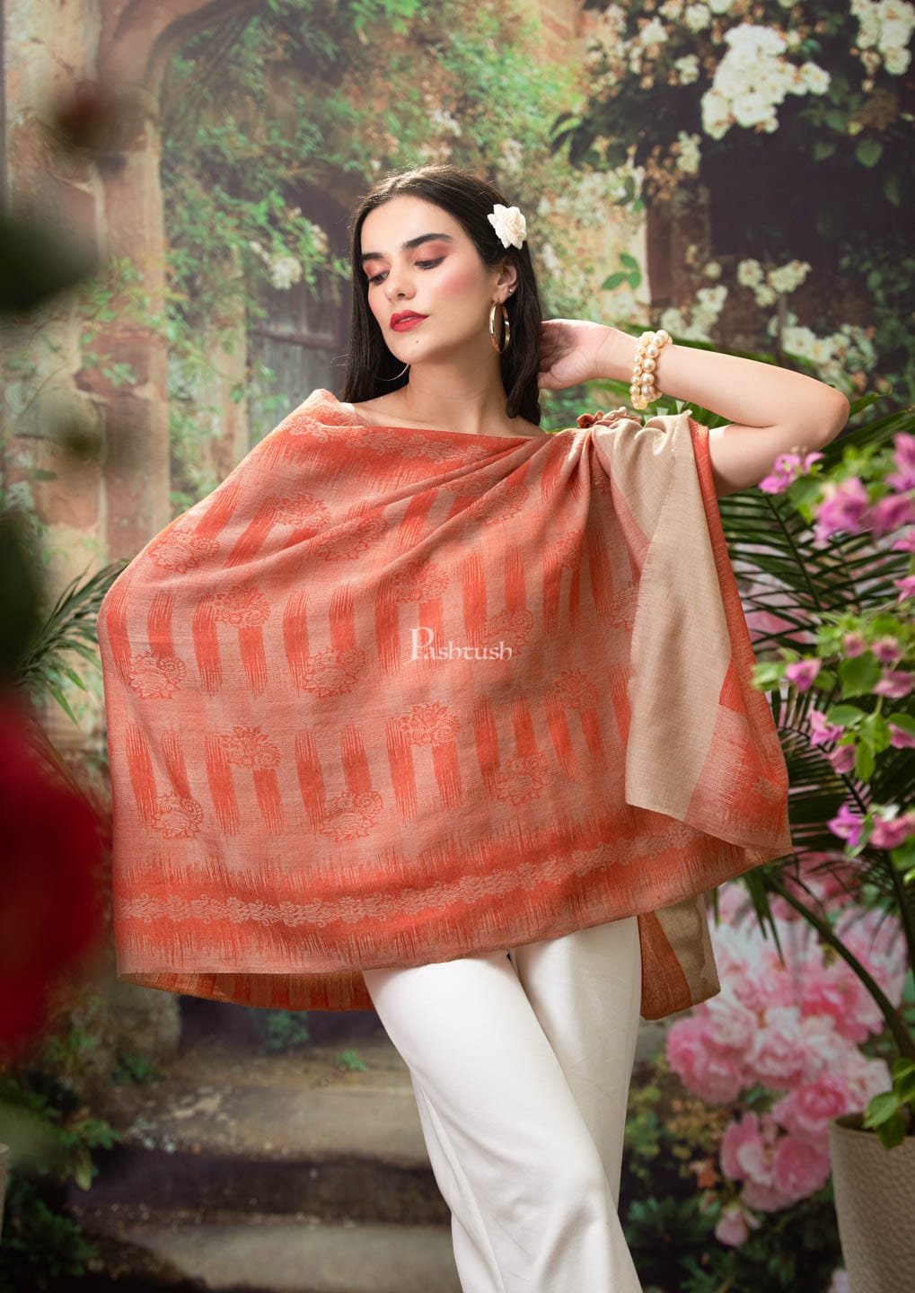Pashtush India Womens Stoles and Scarves Scarf Pashtush womens Fine wool Stole, Ikkat design, Orange