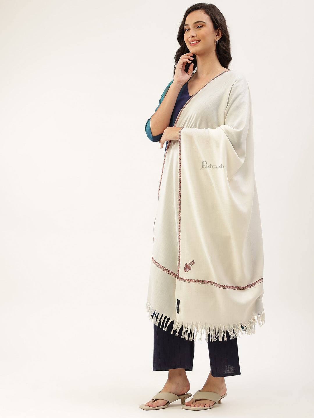 Pashtush India Womens Stoles and Scarves Scarf Pashtush womens Fine Wool Stole, kingri design, Ivory