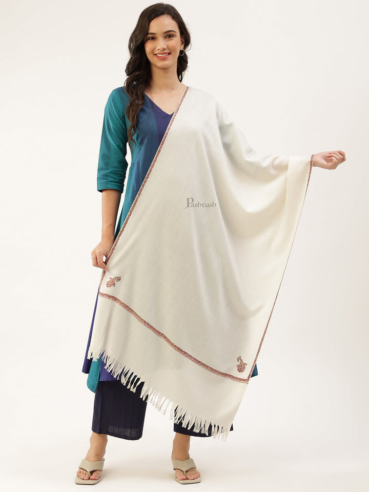 Pashtush India Womens Stoles and Scarves Scarf Pashtush womens Fine Wool Stole, kingri design, Ivory